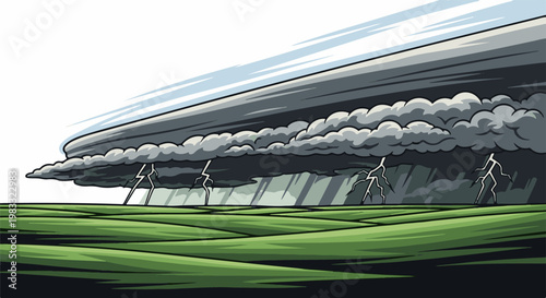 Dark storm clouds gather over rolling green fields with lightning strikes