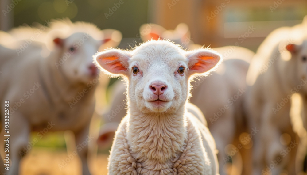 Fototapeta premium Curious lamb gazing in sunny pasture, farm life beauty