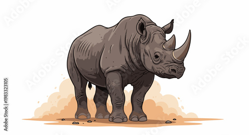 Illustration of a grey rhinoceros with two horns on a light background
