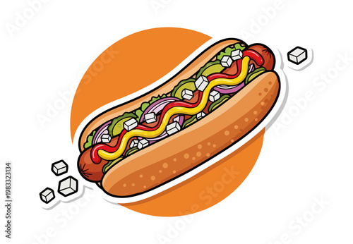Delicious hot dog with toppings on orange circle illustration