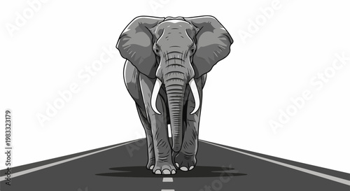 Large elephant walks down a road