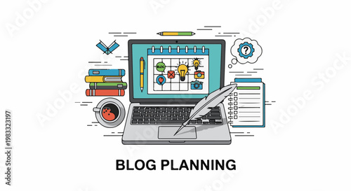 Laptop calendar with ideas, books, coffee, and feather pen for blog planning