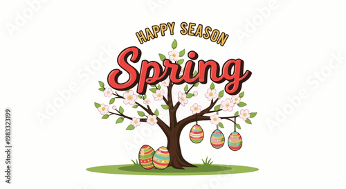 Festive spring tree with colorful Easter eggs and blooming flowers