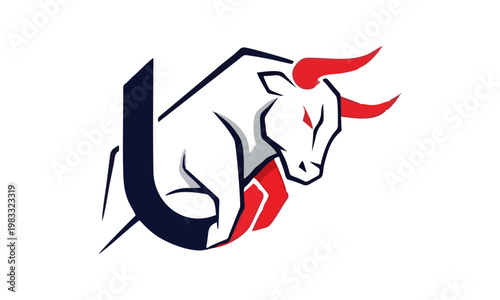 A stylized illustration of a bull's head with red horns and eye, merging with a letter.