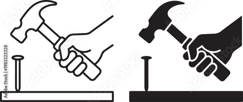 Hammer hitting nail icon and silhouette with construction building industry equipment handyman carpentry improvement fastener hardware strength impactful movement