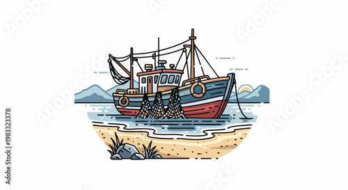 Fishing vessel with nets rests near sandy shore, mountains in background