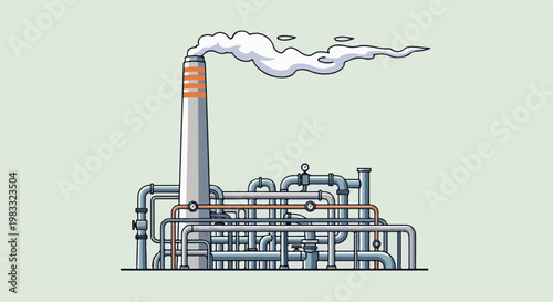 Industrial factory chimney emitting white smoke, surrounded by pipes