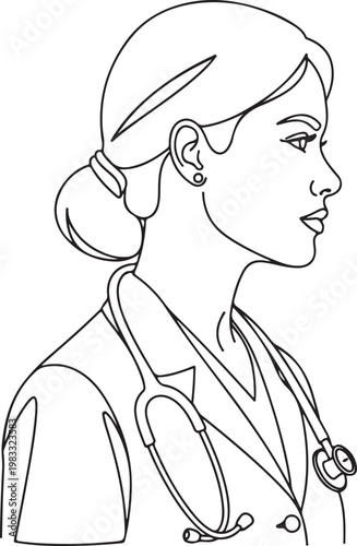 Line drawing of a female doctor or nurse with stethoscope