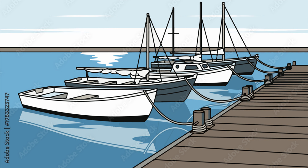 Fototapeta premium Four boats docked at a wooden pier on a clear day with calm water