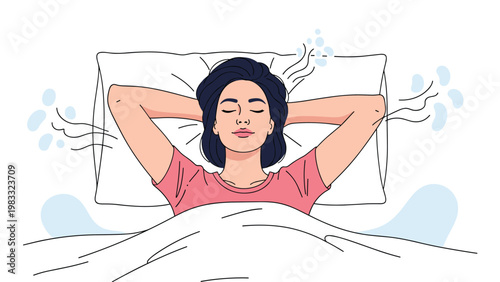 Peaceful young woman with dark hair sleeping serenely in a white bed with her eyes closed, surrounded by abstract soft wind symbols.