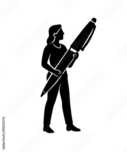 Woman holding large pen expressing creative writing ideas