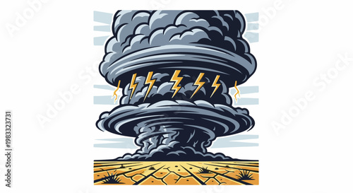 Massive dark storm cloud with yellow lightning bolts over dry, cracked earth