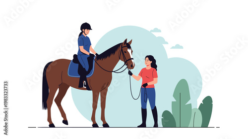 Young woman in a riding helmet sits atop a brown horse while another woman on the ground leads them by the bridle in an outdoor area.