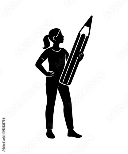 Woman silhouette holding huge pencil representing creative writing