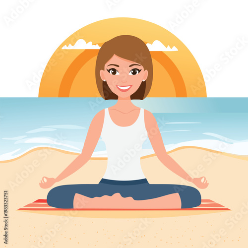 Woman meditating on beach with sun and ocean background vector illustration