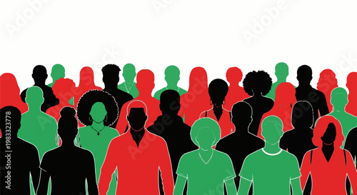 Diverse crowd of people in red, green, and black silhouettes against white background