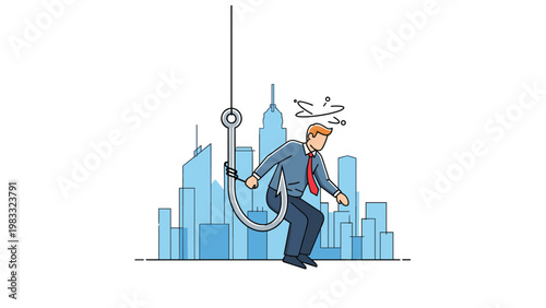 Confused businessman with a dizzy expression and stars around his head sitting on a giant silver fish hook against a city background.