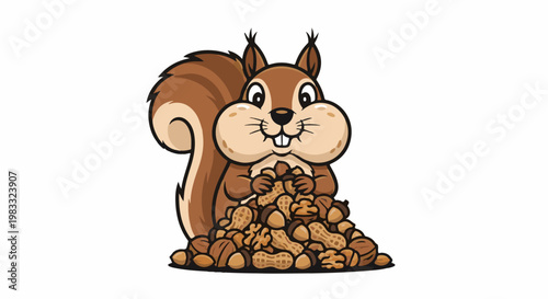 Cute cartoon squirrel with full cheeks holding pile of nuts