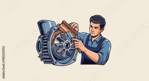 Mechanic cleaning industrial pump impeller with brush and tool