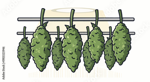 Green cannabis buds are drying on a rack