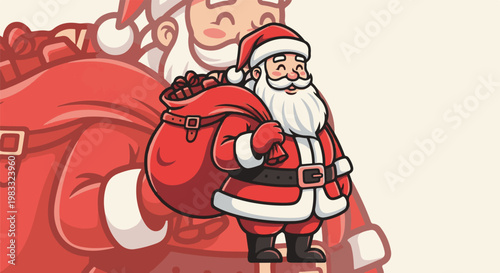 Cheerful cartoon Santa Claus in red suit carrying a sack of gifts