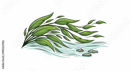 Flowing green leaves on water with rocks