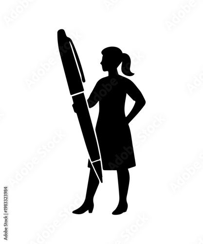 Woman silhouette holding an oversized pen, representing writing, literature, and storytelling