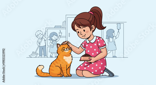 Girl feeding a cat while kids clean in background