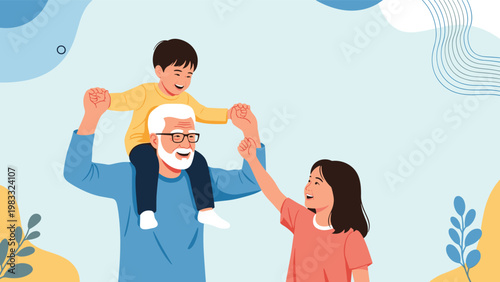 Happy grandfather carrying his young grandson on his shoulders while his granddaughter walks beside them in a park.