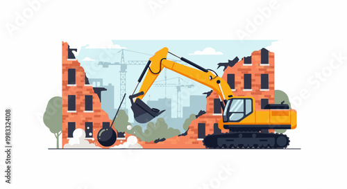 Excavator with wrecking ball demolishing a brick building with cranes in background