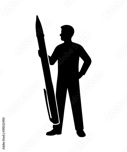 Man silhouette holding an oversized pen, representing writing, literature, and storytelling