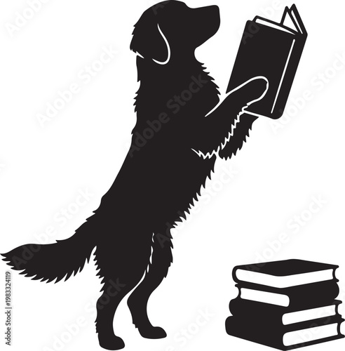 Silhouette of a dog standing on hind legs reading a book with golden retriever black and white silhouette learning education knowledge intelligence standing literature
