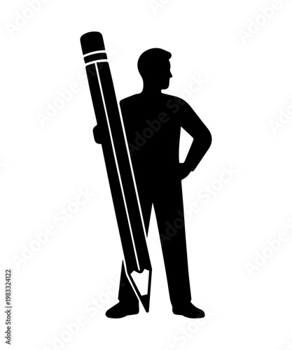 Man holding an oversized pencil symbolizing creativity, education, and artistic expression