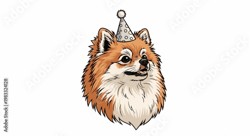 Fluffy dog with party hat
