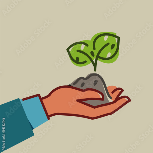 A lump of earth with a young tree sprout in a human palm. Agriculture, nature restoration, ecology, climate. Flat vector icon, colorful cartoon illustration with the possibility of reduction.