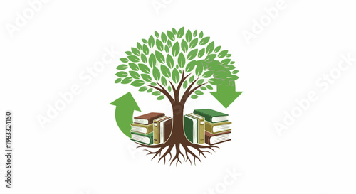 Green tree with roots and books, circular arrows