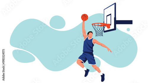 Athletic basketball player jumping high in the air to perform a powerful slam dunk into the hoop during a sport game.