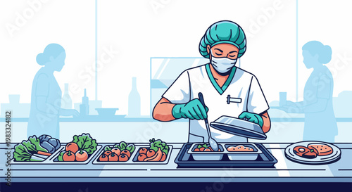 Healthcare worker serves meal trays with fresh produce and cooked items