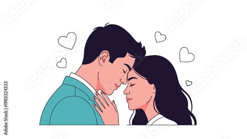 Romantic couple touching foreheads and closing their eyes with floating heart shapes representing deep love and affection.