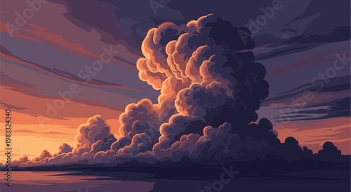 Dramatic pixel art depiction of a sunset with voluminous, illuminated clouds over a tranquil body of water