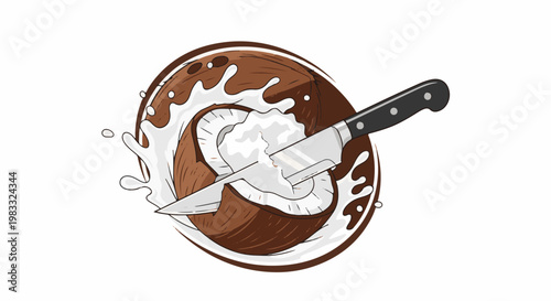 Knife cuts fresh coconut with splashing milk, isolated on white