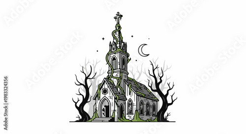 Creepy overgrown church under a crescent moon