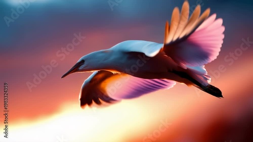 White egret in flight against a vivid sunset sky, elegant bird and nature freedom concept