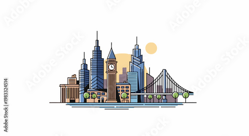 Stylized city skyline with modern skyscrapers, clock tower, and bridge