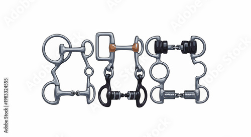 Four horse bits, various designs, rendered in pixel art