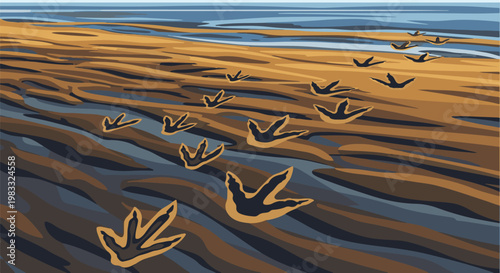 Fossilized three-toed tracks mark a path across ancient, muddy ground