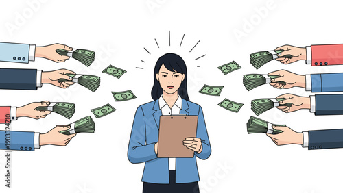 Serious businesswoman holding a clipboard while several hands offer her large stacks of green dollar banknotes.