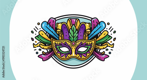 Colorful ornate Venetian mask with feathers and ribbons for festive celebrations