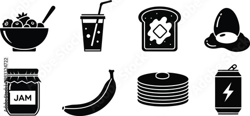 Breakfast silhouette icons food and drink collection in black and white