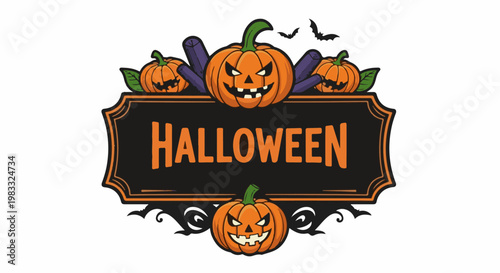 Halloween sign with carved pumpkins, bats, and festive lettering